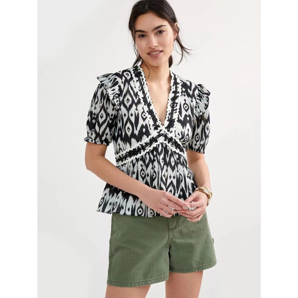 Anthropologie Verb by Pallavi Singhee Abstract Peplum Blouse Black White Size M